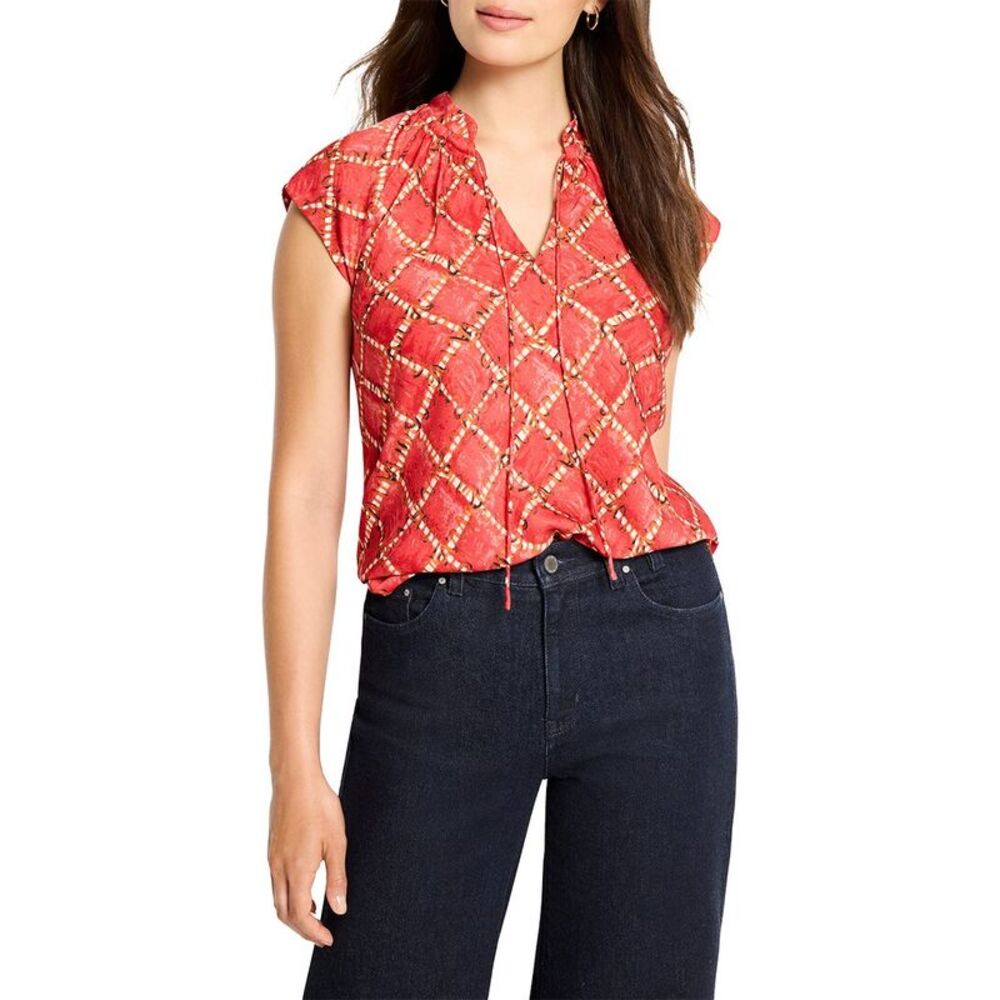 Nic+Zoe Womens Squiggle Check Cap Sleeve Top